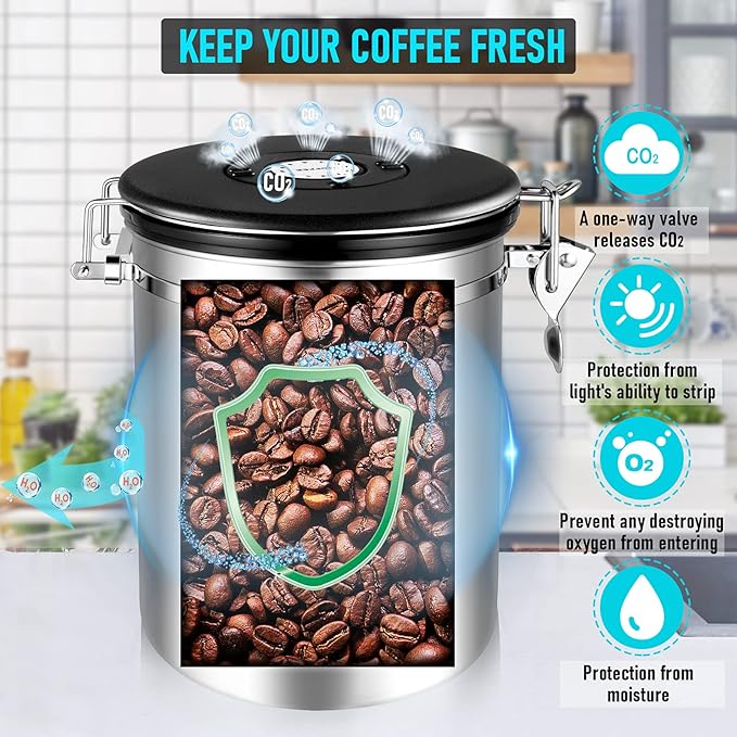 Coffee Canister Airtight 35OZ Large, Coffee Storage Container Stainless Steel Air Tight Coffee Jar with Scoop, Date Tracker and CO2 Release Valve for Beans, Ground, Tea, Flour, Cereal and Sugar, 2.8L