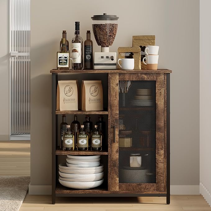 LVSOMT Mini Coffee Bar Cabinet with Storage, 27.5'' Small Kitchen Bar Table, Cute Corner Bar Cabinet for Tea, Buffet Sideboard Cabinet for Dining Room, Farmhouse Coffee Station for Wine (Brown)