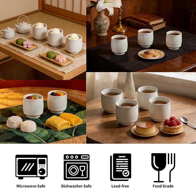 TEANAGOO Japanese Tea Cups, Chinese Tea Cup, 7.2Oz / 205 Ml, Ceramic Tea Cups for Adults, Ceramic Cups no Handles, Japanese Cups, Asian Matcha Cup, Ivory White, 4 Pcs/Box, H7
