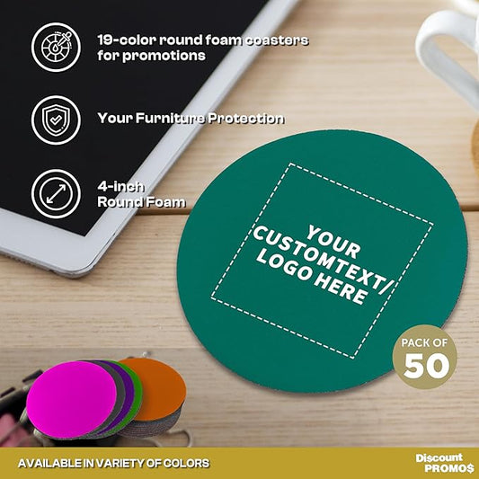 50 Round Foam Bud Coasters Pack, 4 inch - Customizable Text, Logo - PU Foam, Party Favor - Turquoise