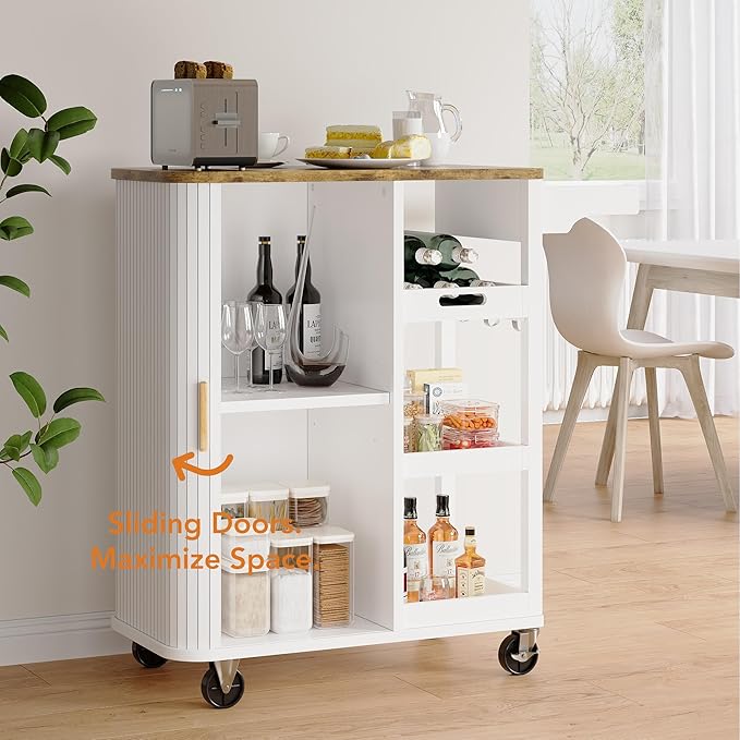 Small Rolling Kitchen Island Cart with Sliding Doors, 35.3“ Mobile Kitchen with Storage, Adjustable Height Shelves, Locking Casters Storage Island Table for Kitchen, Living Room, Dining Room（White）