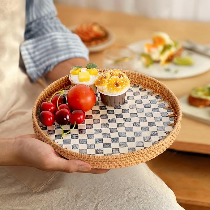 Round Rattan Tray with Mother of Pearl Inlay, Rattan Serving Tray for Coffee, Bread, Fruits, Decorative Wicker Tray for Table Decor, Home Decor, Kitchen Island Decor(Black Checkerboard, 11.8")