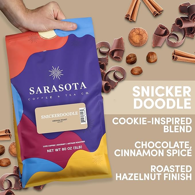 Sarasota Coffee Ground Snickerdoodle Sugar Cookie | Medium Roast Gourmet Flavored Coffee Grounds | Low Acid, Mold Free, Specialty Grade Flavored Bulk Ground Coffee | 5lb (80 oz)