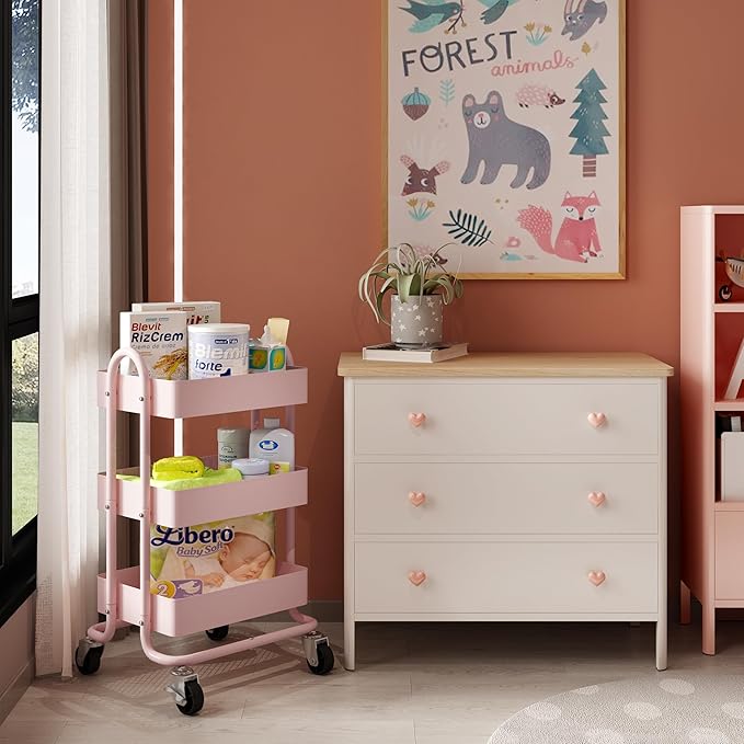 3-Tier Utility Rolling Cart,Kitchen Storage Carts with Wheels,Pink Metal Rolling Cart for Office,Home,Kitchen,Garden（13.4"x18.1"x31"） Pink