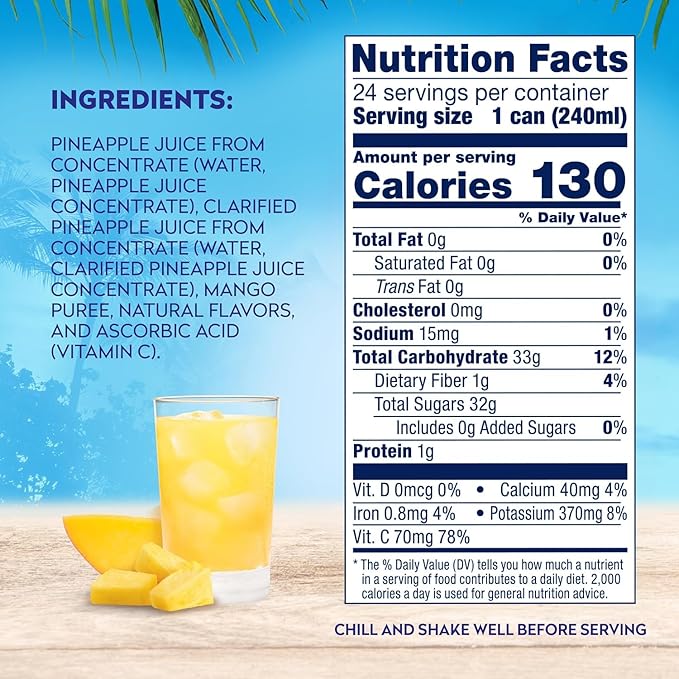 Dole 100% Pineapple Mango Juice, No Added Sugar, Excellent Source of Vitamin C, 100% Fruit Juice, Packaging May Vary, 8.0 Fl Oz (Pack of 24)