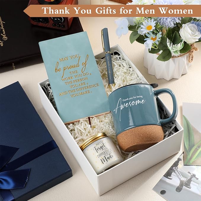 4 Pcs Thank You Gift Set for Men Women Coworker Employee Inspirational Appreciation Gifts Notebook Coffee Mug Scented Candle Pen for Valentine's Day Team Office Staff Teacher Nurse (Blue)