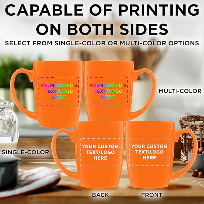 DISCOUNT PROMOS Custom Curved Java Coffee Mug 12 oz. Set of 10/50/100 - Personalized Bulk Pack - Stoneware Restaurant Cups - Orange