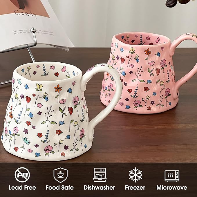 Large Ceramic Coffee Mug Pink Cute Flower with Big Handle, 20oz Girly Floral Tea Cup for Women Mothers Day Gifts, Novelty Irregular Oversized Mugs for Valentines Day Gifts for Her
