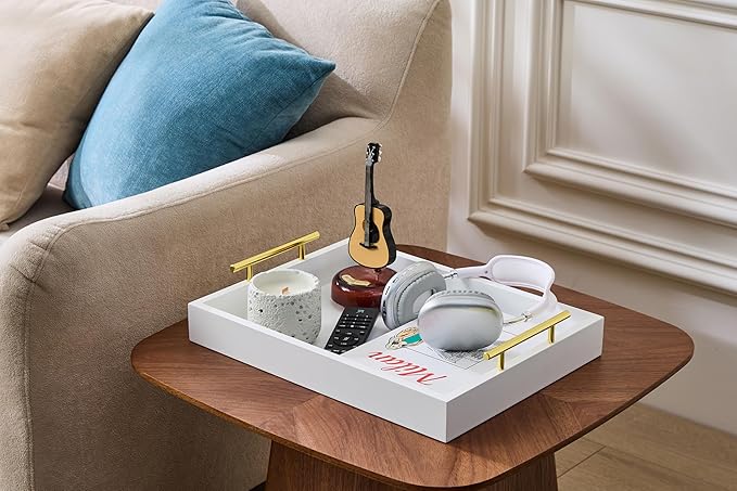 16"x12" Serving Trays with Handles, White Decorative Serving Tray, Ottoman Trays, Living Room, Bathroom, and Outdoors Decorative Trays (White)