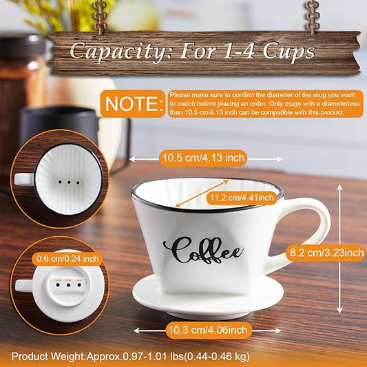 Pour Over Coffee Maker, Ceramic Coffee Dripper, Easy Manual Slow Brewing Accessories for Home, Cafe, Coffee Bar Accessories and Kitchen Decor, Filter Size 2, White
