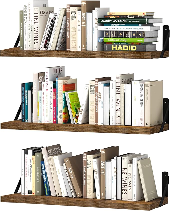 upsimples Floating Book Shelves for Wall, 23.6 Inches Floating Wood Shelves for Living Room, Laundry Room, Bedroom, Office Organizer and Storage, Brown