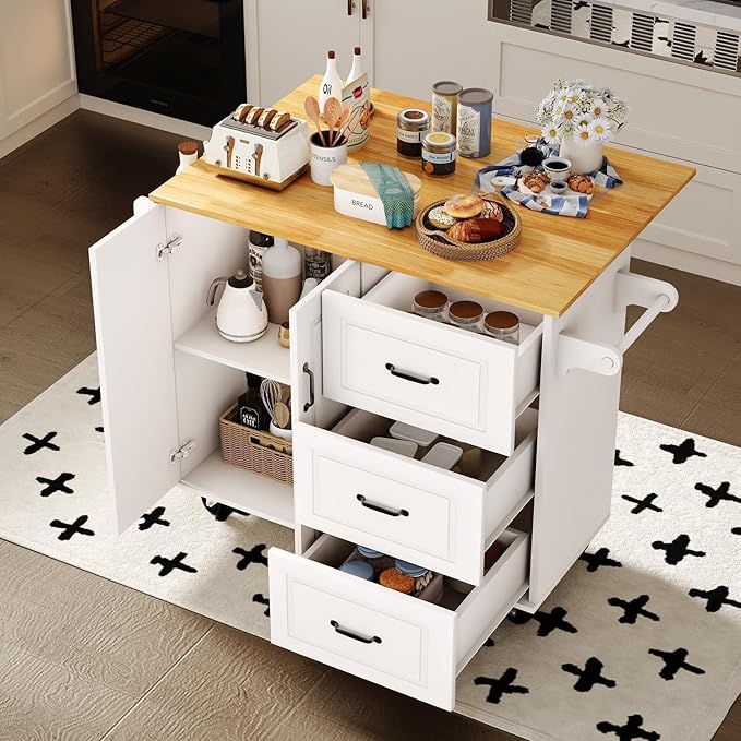 4 EVER WINNER Kitchen Island with Storage on Wheels, Rolling Kitchen Island with Spice Rack & Towel Rack, Portable Island Table for Kitchen, White