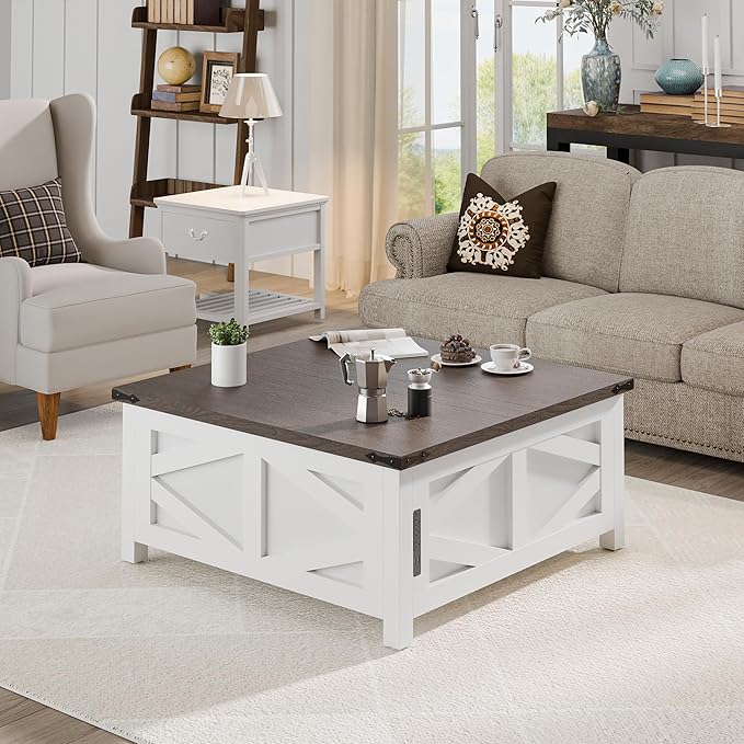TOLEAD 36" Farmhouse Lift Top Coffee Table with Storage, Square Coffee Table with Charging Station, Living Room Center Table with Large Hidden Space, White