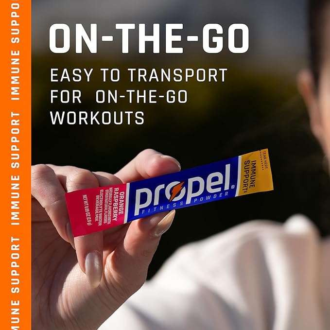 Propel Immune Support Electrolyte Enhanced Water Drink Mix Powder Packets, Orange Raspberry, 100% DV Vitamin C, Zero Sugar Hydration with Electrolytes & Vitamins (120 Packets), (Pack of 240)