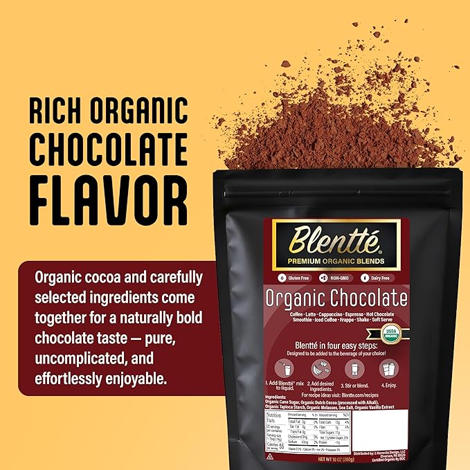 Blentte - Organic Chocolate Mix – Vegan Cocoa Powder for Coffee, Latte, Smoothies & Shakes – Dairy-Free, Gluten-Free, Non-GMO Blend with Cane Sugar & Rich Dutch Cacao – Resealable Pouch – 10 oz
