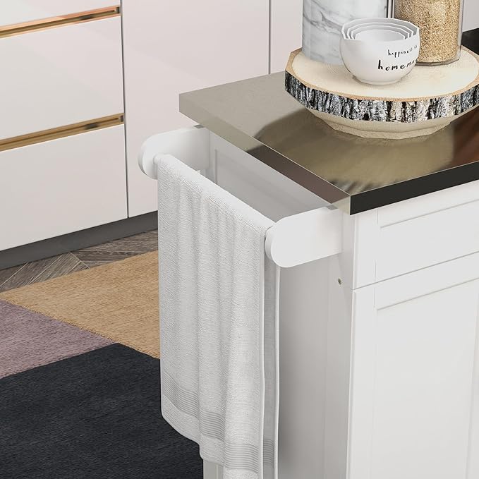 HOMCOM Kitchen Island on Wheels, Rolling Kitchen Cart with Stainless Steel Countertop, Drawer, Towel Rack and Spice Rack, Utility Storage Trolley, Cream White