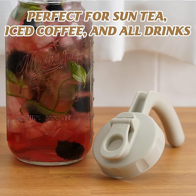 Soligt Glass Mason Jar Pitcher with Lid, Wide Mouth Flip Cap Pour Spout Leak-proof Lid with Handle, 64 oz (2 Quart / 1.9 Liter), for Iced Coffee/Sun Tea Juice/Cold Brew Coffee/Milk (1Pack, Light Gray)