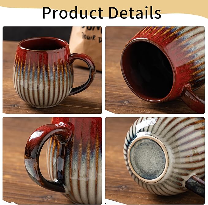 Coffee Mug, Porcelain 16 oz Large Tea Coffee Cup for Office and Home, Big Mug for Women, Men, Microwave Dishwasher Safe, Ink Wash Red