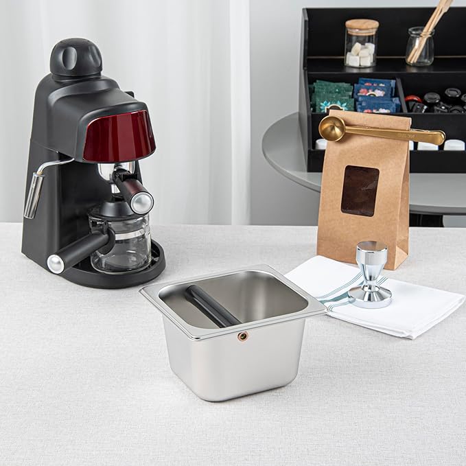 Restaurantware Restpresso 6.9 x 6.4 x 4 Inch Knock Box 1 Deep Tamp Box - Built-In Knock Bar Dishwashable Stainless Steel Barista Knock Box Durable For Coffee And Espresso Grounds