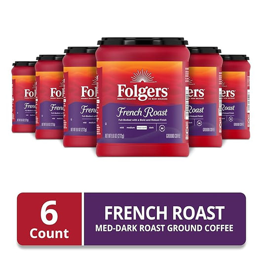 Folgers French Roast Medium Dark Roast Ground Coffee, 9.6 Ounces (Pack of 6)