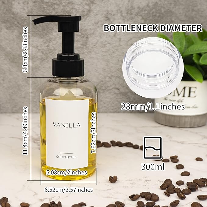 Ezebesta 4 Pieces Coffee Syrup Dispenser Bottle 300ml PET Black Pump Bottles with Labels for Coffee Bar Organization