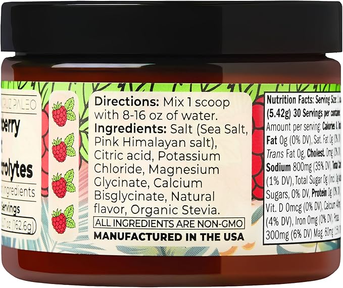 Santa Cruz Paleo Electrolyte Powder, Raspberry Mint Flavor, Sugar Free Hydration Drink Mix with Himalayan Pink Salt, Sea Salt, Magnesium Glycinate, Potassium Chloride, Sweetened with Stevia, 30 Srvgs