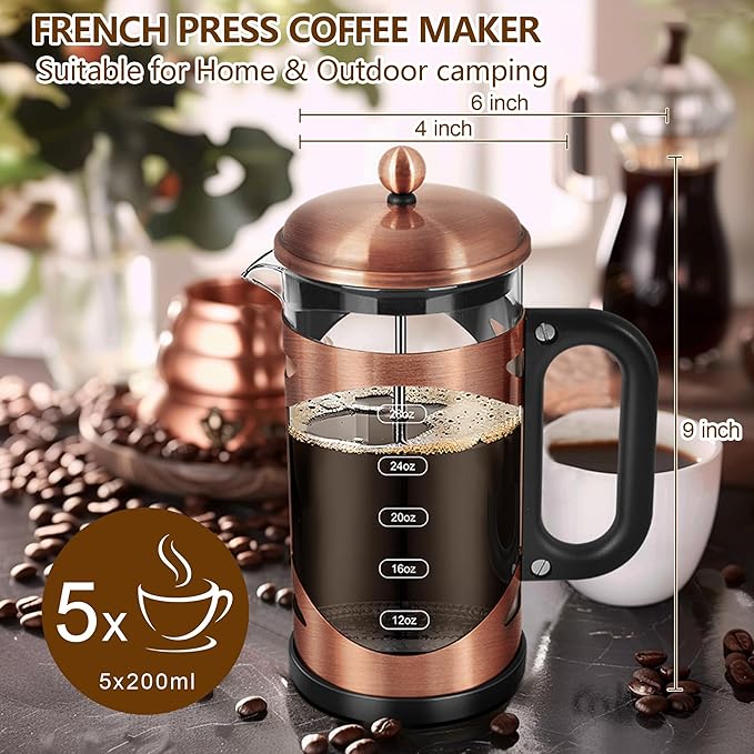 YMMIND 34 Ounce French Press Coffee Maker Copper Stainless Steel Coffee Press, with 4-Level Filter System, Heat Resistant Thickness Borosilicate Glass, BPA-Free Brewed Coffee Pot for Camping Gifts