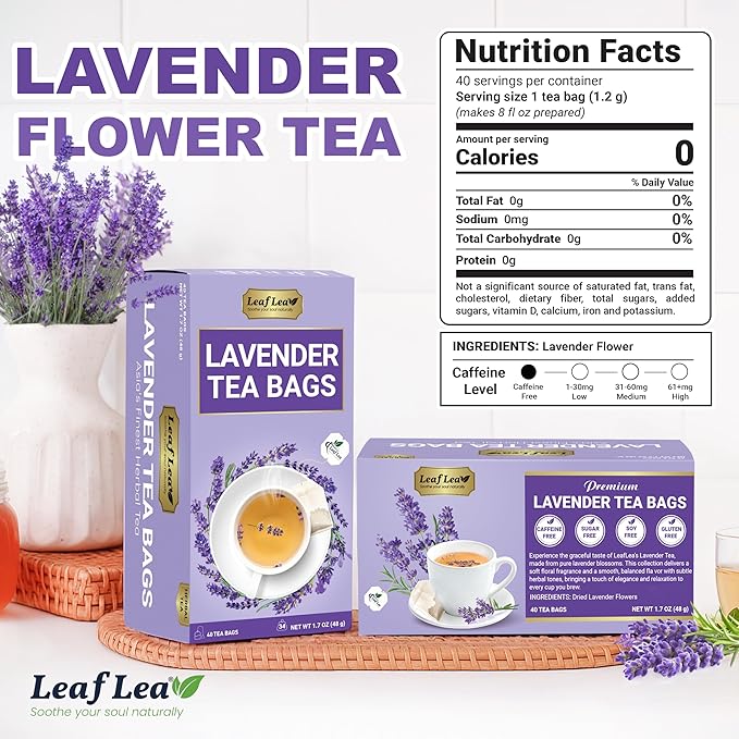 LeafLea 80 Premium Lavender Tea Bags, 100% Natural & Pure from Lavender Flowers, Nighttime Comfort & Digestive Support, Floral Aroma and Smooth Taste, Caffeine-Free, Sugar-Free, Individually Wrapped