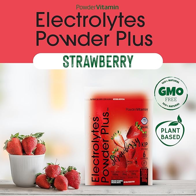 PowderVitamin Electrolytes Powder Plus (100 Servings) Strawberry Electrolyte Powder Zero Calorie Keto,0 Sugar, No Maltodextrin,1000mg Potassium,120mg Calcium,120mg Magnesium, Hydration Powder