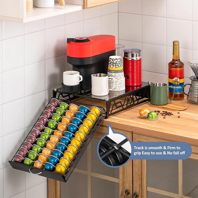 ZCDCP Pod Holder - Modern Sleek Black Metal Capsule Organizer for Nespresso Pods, Stylish Coffee Machine Stand for Coffee Bar, Office or Home Kitchen(50 Pods Capacity)