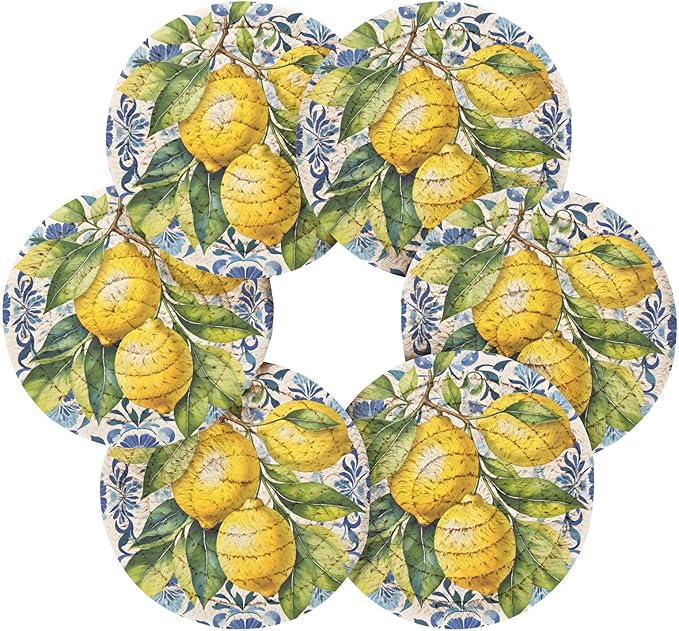 Cup Coasters for Drinks Lemon Italian Tile Blue E Coasters Set of 6, Absorbent Coaster with Holder Cotton Woven Coaster for Coffee Wooden Table Home Decor