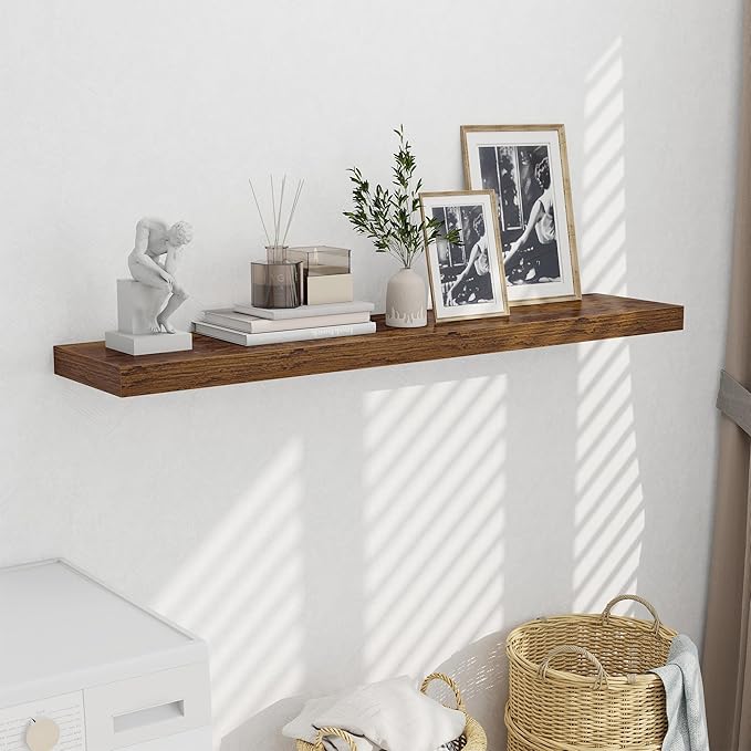 Fun Memories 55 Inch Fireplace Mentel Shelf, 10 Inch Deep Shelves for Display & Wall Storage, Rustic Wood Wall Shelf, Extra Long Floating Shelves for Living Room Laundry Room, Rustic Brown, Set of 1
