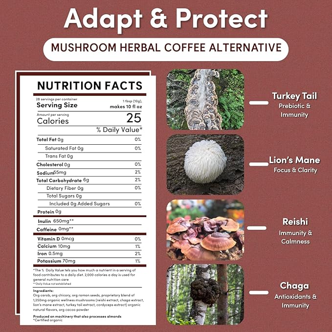 Teeccino Miraculous Mushrooms Adapt & Protect Coffee Alternative, 10 Oz – 5 Organic Adaptogenic Mushrooms with Chicory & Cacao, Caffeine Free, Prebiotic, Acid Free, All-Purpose Grind
