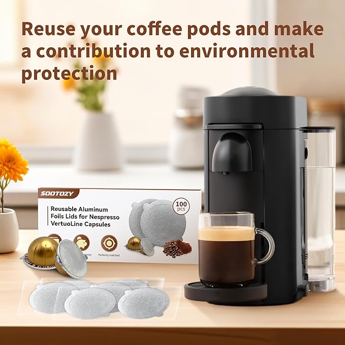 Reusable Pods Aluminum Foil Seals for Nespresso VertuoLine Capsules 100PCS, Refillable Aluminum Covers Foil Seals Lids for Nespresso Vertuo Compatible for Nespresso VertuoPlus Espresso Machine