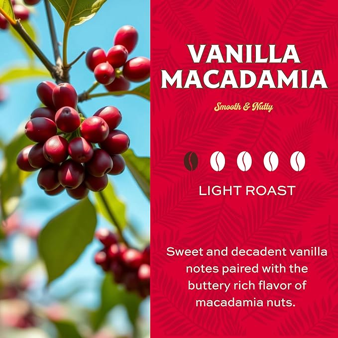 Lion Coffee Vanilla Macadamia Flavored Ground Coffee, Light Roast, Hawaiian Inspired Taste - 24 Ounce Bag