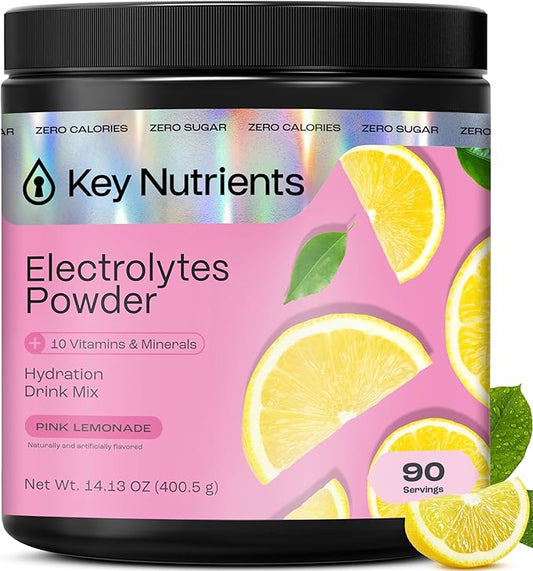 KEY NUTRIENTS Multivitamin Electrolytes Powder No Sugar - Fresh Pink Lemonade Electrolyte Powder - Endurance & Energy Supplement - Hydration Powder - No Calories - 90 Servings - Made in USA