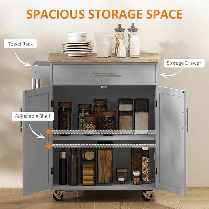 HOMCOM Kitchen Island Cart, Rolling Island Table with Solid Wood Top, Trolley Cart with Drawer, Storage Cabinet & Towel Rack, Gray