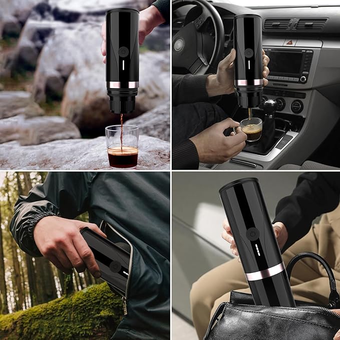 Portable Espresso Machine, Self-Heating Electric Portable Espresso Maker,20 Bar Mini 12V 24V Car Coffee Maker with NS Pods & Ground Coffee for Travel, Camping, Office, Home(Black)