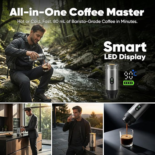 Portable Espresso Coffee Maker, Battery Operated Rechargeable Travel Espresso Machine, Self Heating Mini Coffee Maker for Camping & Car, Works with Ground Coffee and Small/Large Capsules, 80ml Cup
