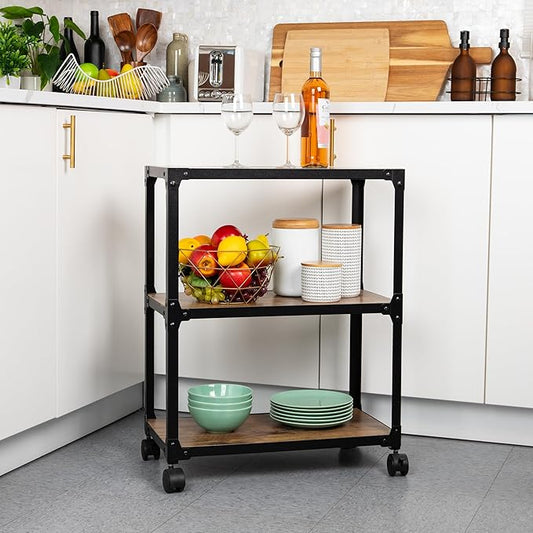 Mind Reader 3 Tier Multipurpose Rolling Cart, Home Storage, Bar Cart, Microwave Stand, Utility Organizer, Metal, MDF, Brown