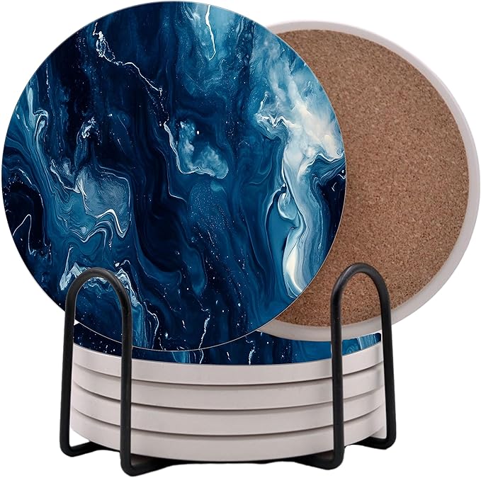 Blue Agate Marble Round Coasters Set of 6 - Abosrbent Ceramic Coasters with Metal Stand for Drinks, Coffee, Non-Slip Cork Back for Tabletop Protection, 4 Inches Marbled Pattern (Dark Marble)