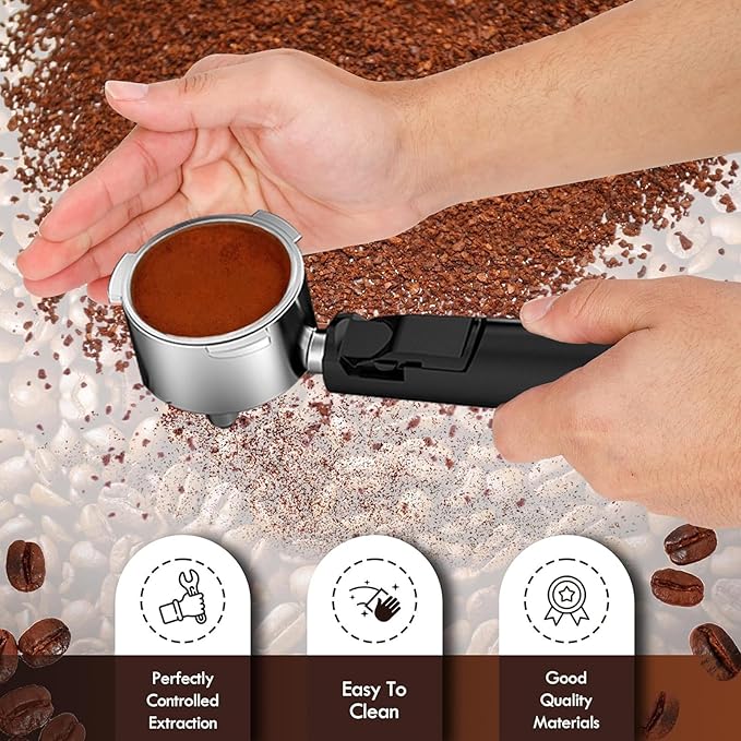 51mm Coffee Espresso Portafilter/Espresso Machine Holder, 3 ears, Double Spouts, with Single + Double Filter Baskets, Stainless Steel, Black Handle Filter Cup Holder