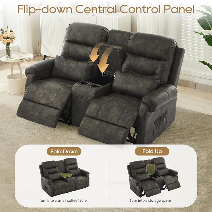 DRMBOOK RV Loveseat Recliner Sofa with Console, Faux Leather Double Wall Hugger Reclining Couch Manual Home Movie Seating 2 Person Recliner Chair with Cup Holders/Storage/Pocket/Pillow, Black&Grey