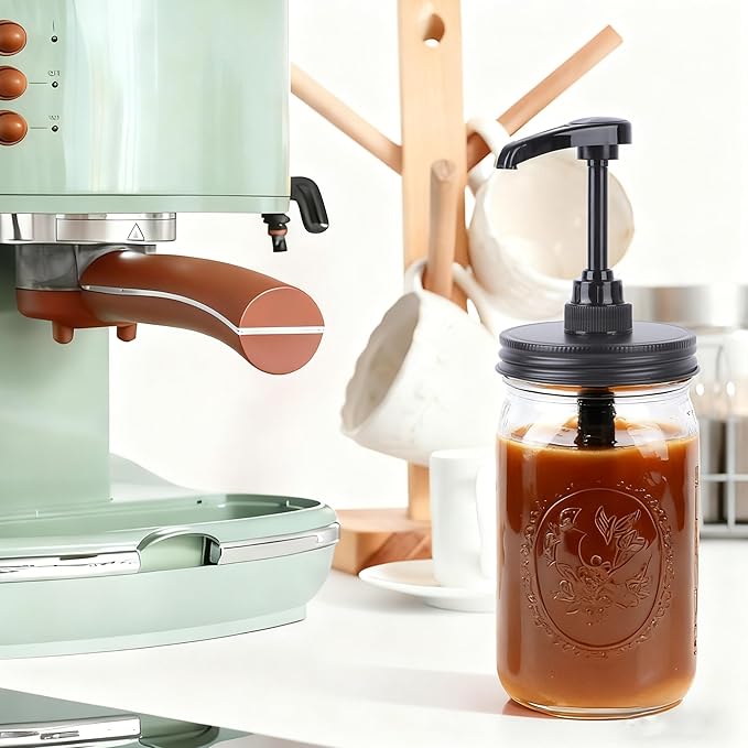 Mason Jar Syrup Sauce Dispenser Wide Mouth Coffee Syrup Dispenser 32 oz Airtight & Leak-Proof Glass Syrup Bottle With Pump 1 Quart Food Grade Syrup Container For Ketchup Honey Salad Liquid Condiments