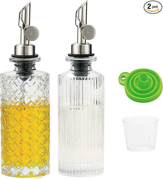 Glass Olive Oil Dispenser Bottle Small, 6.5 Oz/ 200 ml Coffee Simple Syrup Bottles with Silver Metal Pour Spout, Funnel, Measuring Cup, Oil and Vinegar Bottle for Kitchen (2 Pack)