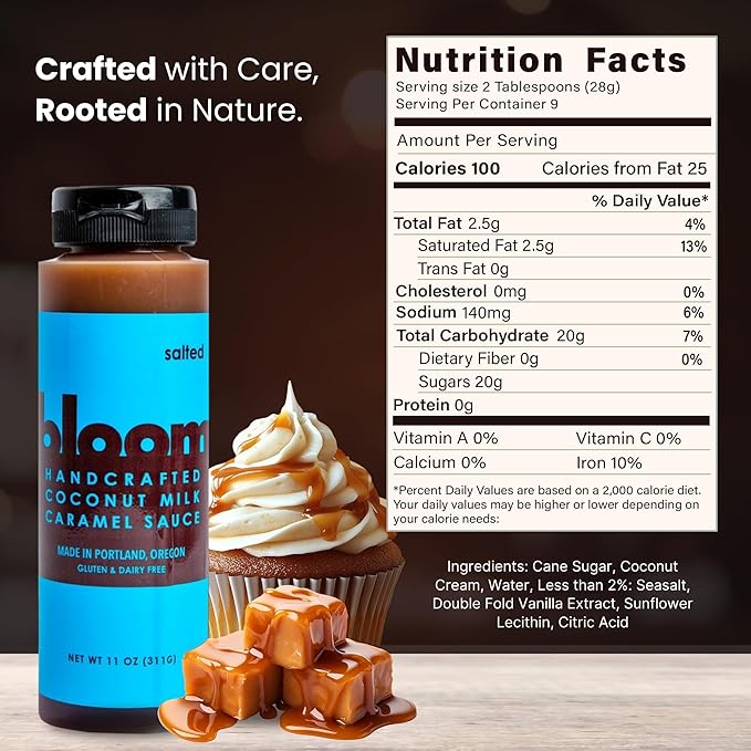 Bloom Caramel Salted Coconut Caramel Sauce – Vegan, Dairy-Free Dessert Topping, Small Batch Artisanal Quality, Made with Premium Ingredients, Perfect for Coffee, Ice Cream, and Baking – 22oz