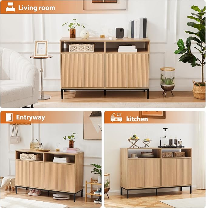 Mericonia Farmhouse Buffet Sideboard Cabinet with Storage, Fluted Coffee Bar with Doors and Adjustable Shelves, Modern Wood Console Cabinet for Kitchen, Livingroom (Fluted 4 Door, Natural)