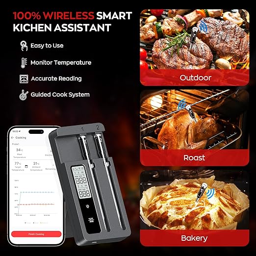 Smart Wireless Meat Thermometer with Dual Probes, Bluetooth & WiFi Combo, High Precision & Fast Response for BBQ, Grill, Smoker, Oven, Air Fryer