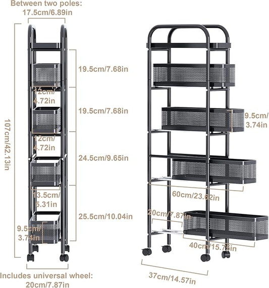 UMDONX Slim Storage Cart 5 Tier with Pull Out Basket Bathroom Organizer Rolling cart, Rolling Utility Cart Slide Out Organizer for Kitchen, Bathroom, Laundry Black