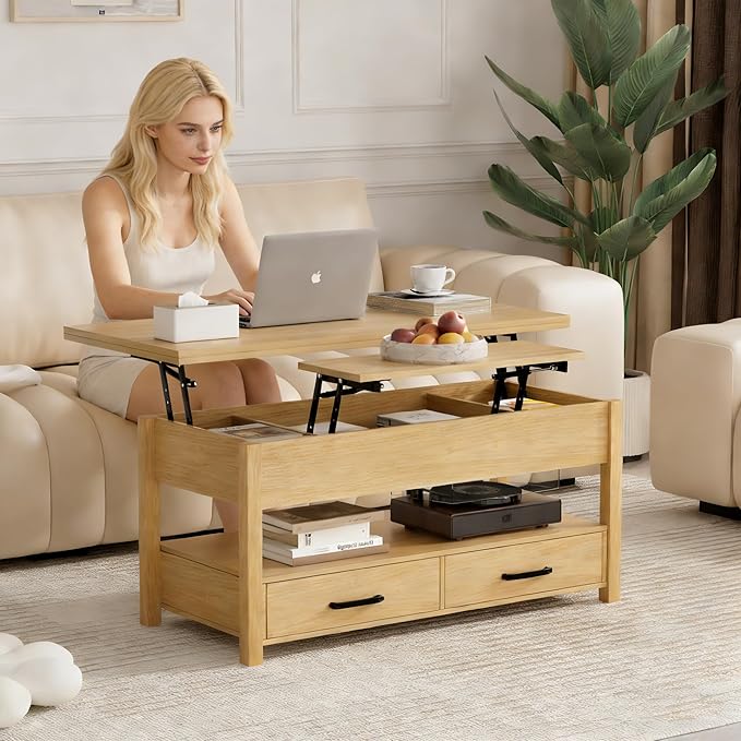 42'' Lift Top Coffee Table, 4-in-1 Multifunctional Lift Coffee Table with Storage & Hidden Compartments, Farmhouse Coffe Table with Lifting top for Living Room, Dining Reception Room, Wood